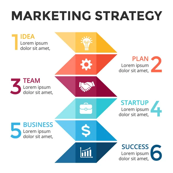 Infografía de flechas vectoriales, diagrama gráfico, presentación gráfica. Concepto abstracto de negocio con 6 opciones, partes, pasos, procesos. Línea de tiempo de escaleras de marketing. Camino al éxito . — Archivo Imágenes Vectoriales