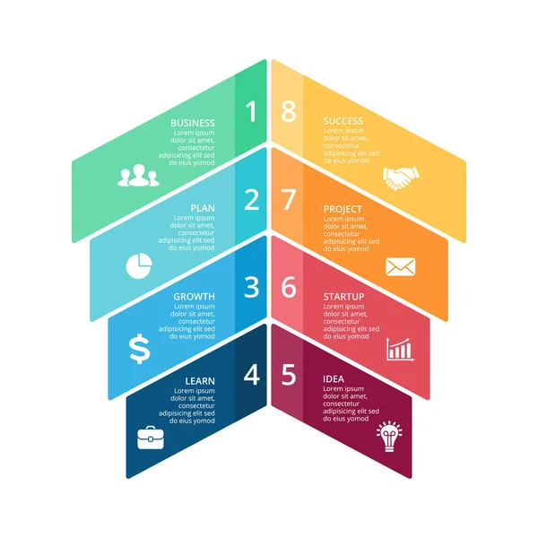 Infografía de flechas vectoriales, diagrama gráfico, presentación gráfica. Concepto de negocio con 8 opciones, partes, pasos, procesos . — Vector de stock