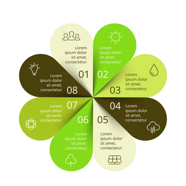 Flechas de círculo vectorial verde deja eco infografía. Diagrama ecológico, gráfico, presentación, gráfico. Concepto de naturaleza orgánica con 8 opciones, partes, pasos . — Vector de stock