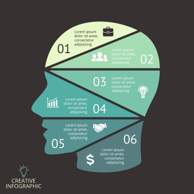 Vektör beyin Infographic. İnsan kafa diyagramı, yapay zeka grafik, neural ağ tanıtımı ve yüz grafik şablonu. İş fikir kavramı 6 seçenekleri, parçalar, adımları ile. Beyin fırtınası.