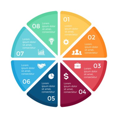 Daire okları Infographic vektör, döngüsü diyagramı, grafik, sunu grafik. İş kavramı ile 8 seçenekleri, parçalar, adımları, işler.