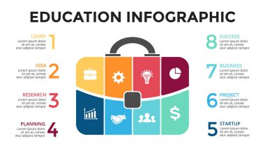 Vektör evrak çantası Infographic. Çanta diyagramı, grafik, grafik yuvarlak sunu şablonu. 8 seçenekleri, parçalar, adımları veya işlemler ile iş profesyonel portföy. Seyahat ve Turizm kavramı.