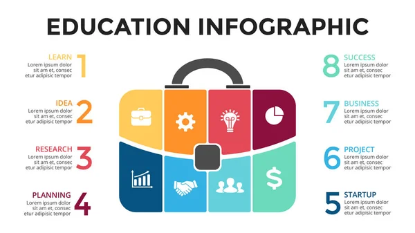 Infográfico de pasta vetorial. Modelo para diagrama de saco, gráfico, apresentação, gráfico redondo. Portfólio profissional de negócios com 8 opções, peças, passos ou processos. Viagens e turismo conceito . — Vetor de Stock