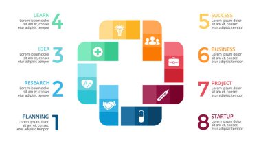 Vektör artı Infographic, tıbbi diyagramı, sağlık grafik, hastane tanıtımı, acil durum grafik. Tıp doktor logosunu görmeniz gerekir. 8 seçenekleri, parçalar, adımları, konseptiyle işler.