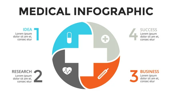 Vettore più infografica, diagramma medico, grafico sanitario, presentazione ospedaliera, grafico di emergenza. Logo medico medico. Concetto con 4 opzioni, parti, fasi, processi . — Vettoriale Stock