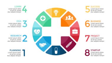 Vektör artı Infographic, tıbbi diyagramı, sağlık grafik, hastane tanıtımı, acil durum grafik. Tıp doktor logosunu görmeniz gerekir. 8 seçenekleri, parçalar, adımları, konseptiyle işler.