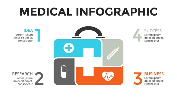 Vecteur plus infographie, diagramme médical, graphique des soins de santé, présentation à l'hôpital, carte d'urgence. Logo du médecin. Concept avec 4 options, pièces, étapes, processus . — Image vectorielle
