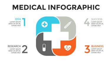 Vektör artı Infographic, tıbbi diyagramı, sağlık grafik, hastane tanıtımı, acil durum grafik. Tıp doktor logosunu görmeniz gerekir. 4 seçenekleri, parçalar, adımları, konseptiyle işler.