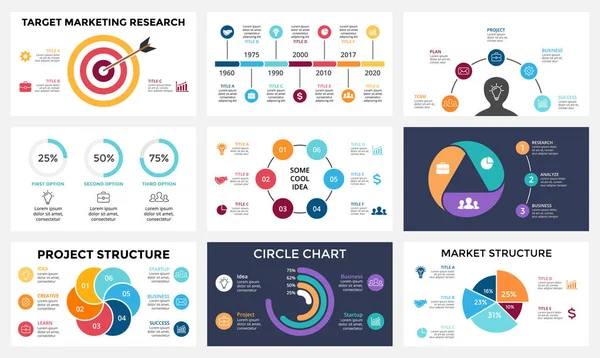 Marketing infografika, cyklu, diagram, graf globální podnikání, kruh prezentace chart. 3, 4, 5, 6, 7 možností, díly, kroky, proces. Cílový trh, mozku myšlenka, časovou osu. 16 x 9 snímků šablona. — Stockový vektor