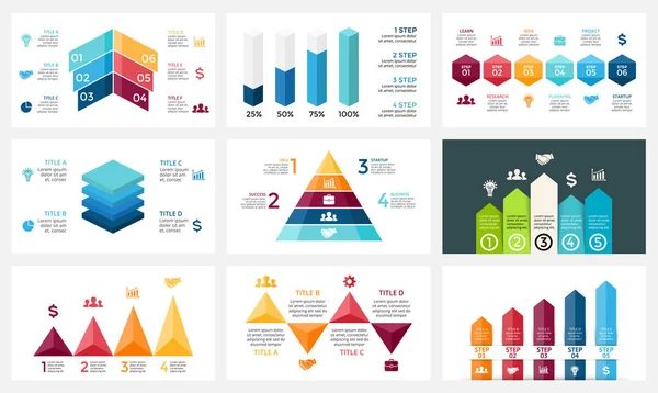 Vektorový infographic šipky, diagram graf, graf prezentaci. Obchodní sestava s 4, 5, 6 možností, díly, kroky procesů. Trojúhelníky, pyramida, časovou osu. Růst úspěch konceptu. 16 x 9 snímků šablona. — Stockový vektor