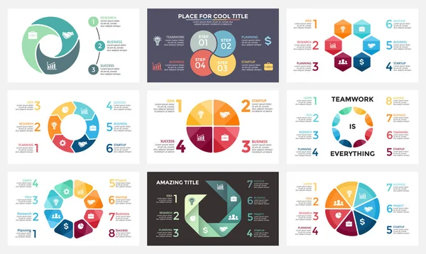 Infográfico de setas do círculo vetorial, diagrama de ciclo, gráfico geométrico, gráfico de apresentação. Conceito de negócio com 3, 4, 6, 7, 8 opções, peças, passos, processos. Modelo de corrediça 16x9 . —  Vetores de Stock