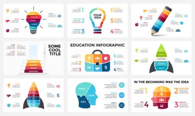 Vector infographic set, light bulb idea, education diagram, knowledge chart, startup rocket, travel bag, human head brain, learn study graph presentation, stairs open door. 3, 4, 5, 6 options, parts vector Vector infographic set, light bulb idea, education diagram, knowledge chart, startup rocket, travel bag, human head brain, learn study graph presentation, stairs open door. 3, 4, 5, 6 options, parts vector