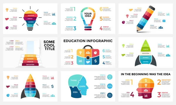 Vektorový infographic sada, žárovka idea, vzdělávání schéma, graf znalostí, spuštění raketa, cestovní tašku, lidské hlavy mozku, další studie graf prezentace, schody otevřené dveře. 3, 4, 5, 6 možností, díly — Stockový vektor