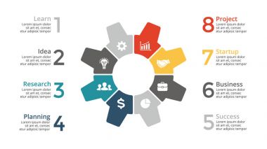 Daire dişli Infographic vektör, döngüsü diyagramı, mpdel grafik, sunu grafik. İş sistem kavramı 8 seçenekleri, parçalar, adımları, süreçleri ile dişli. 16 x 9 Slayt.