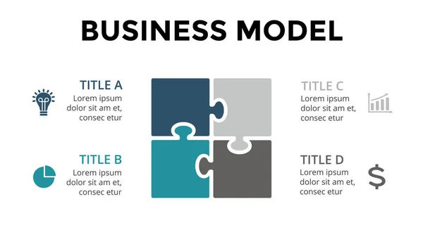 Vector cuadrado rompecabezas infografía, diagrama de ciclo, gráfico, gráfico de presentación. Concepto de modelo de negocio con 4 opciones, partes, pasos, procesos. Diapositiva 16x9 . — Vector de stock