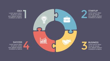 Vektör daire okları Infographic Bulmaca, döngüsü diyagramı, grafik, sunu grafik. İş kavramı ile 4 seçenekleri, parçalar, adımları, işler. 16 x 9 karanlık slayt şablonu.