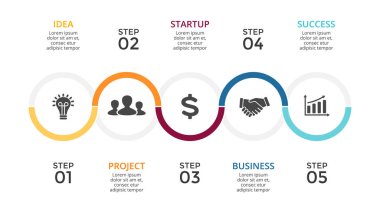 Daire okları Infographic vektör, döngüsü diyagramı, grafik, sunum zaman çizgisi. İş kavramı ile 5 seçenekleri, parçalar, adımları, işler. 16 x 9 Slayt şablonu.
