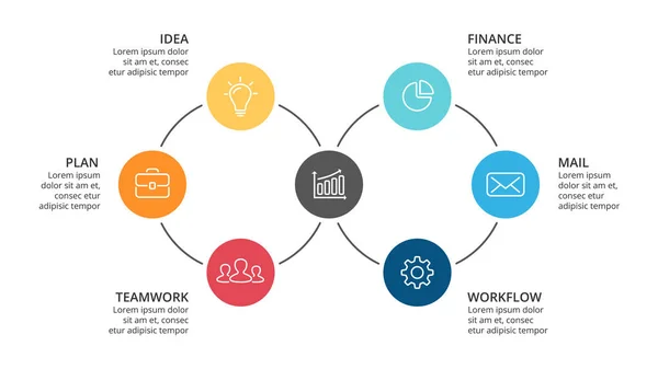 Infographie de flèches de cercle vectoriel, diagramme de cycle, graphique, diagramme de présentation. Concept d'entreprise avec 6 options, pièces, étapes, processus. Modèle de diapositive 16x9 . — Image vectorielle