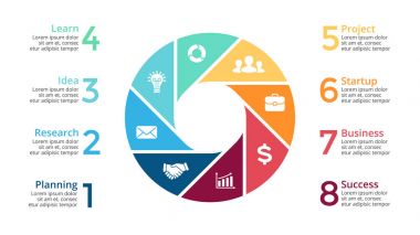 Daire okları Infographic vektör, döngüsü diyagramı, grafik, sunu grafik. İş kavramı ile 8 seçenekleri, parçalar, adımları, işler. 16 x 9 Slayt şablonu.