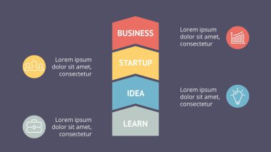 Vektör okları Infographic, büyüme diyagram grafik, performans grafiği sunu. İş ilerleme kavramı ile 4 seçenekleri, parçalar, adımları, işler. 16 x 9 karanlık slayt şablonu.