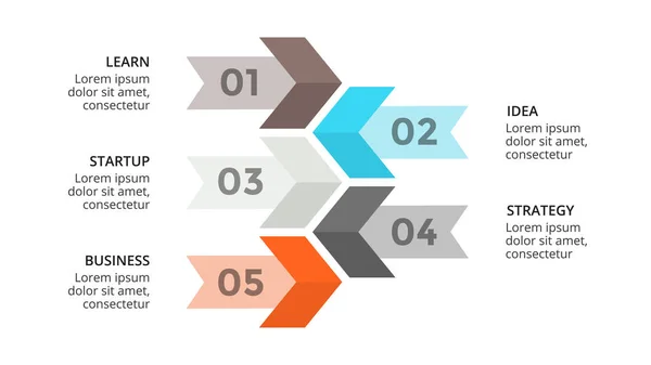 Vektorpfeile Timeline-Infografik, Wachstumsdiagramm-Diagramm, Performance-Graphen-Präsentation. Geschäftsfortschrittskonzept mit 5 Optionen, Teilen, Schritten, Prozessen. 16x9 Folienvorlage. — Stockvektor