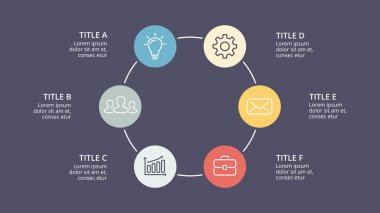Daire okları Infographic vektör, döngüsü diyagramı, grafik, sunu grafik. İş kavramı ile 6 seçenekleri, parçalar, adımları, işler. 16 x 9 karanlık slayt şablonu.