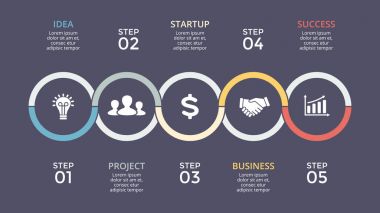 Daire okları Infographic vektör, döngüsü diyagramı, grafik, sunum zaman çizgisi. İş kavramı ile 5 seçenekleri, parçalar, adımları, işler. 16 x 9 karanlık slayt şablonu.