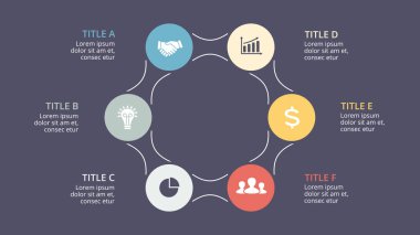 Daire okları Infographic vektör, döngüsü diyagramı, grafik, sunu grafik. İş kavramı ile 6 seçenekleri, parçalar, adımları, işler. 16 x 9 karanlık slayt şablonu.