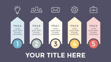 Vektör okları Infographic, büyüme diyagram grafik, performans grafiği sunu. İş ilerleme kavramı ile 5 seçenekleri, parçalar, adımları, işler. 16 x 9 karanlık slayt şablonu.