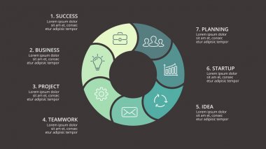 Daire okları Infographic vektör, döngüsü diyagramı, grafik, sunu grafik. İş kavramı ile 7 seçenekleri, parçalar, adımları, işler. 16 x 9 karanlık slayt şablonu.