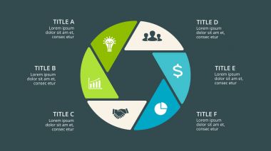 Daire okları Infographic vektör, döngüsü diyagramı, altıgen grafik, sunu grafik. İş kavramı ile 6 seçenekleri, parçalar, adımları, işler. 16 x 9 karanlık slayt şablonu.