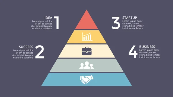 Φορέα infographic βέλη πυραμίδα, διάγραμμα ανάπτυξης διάγραμμα, παρουσίαση γράφημα απόδοσης. Επιχειρηματική ιδέα πρόοδο με 4, 5 επιλογές, τμήματα, βήματα, διεργασίες. πρότυπο σκοτεινή φωτογραφική διαφάνεια 16 x 9. — Διανυσματικό Αρχείο