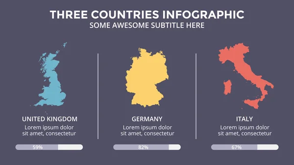 Países mapa infográfico. Presentación de marketing empresarial global. Datos del transporte mundial. Estadística económica. 3 regiones. plantilla de diapositiva 16x9. Gran Bretaña, Alemania, Italia . — Archivo Imágenes Vectoriales