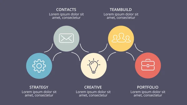 Infográfico de setas de círculo vetorial, diagrama de ciclo, gráfico, gráfico de apresentação. Conceito de negócio com 5 opções, peças, etapas, processos. Modelo de slide escuro 16x9 . — Vetor de Stock