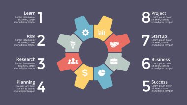 Daire dişli Infographic vektör, döngüsü diyagramı, mpdel grafik, sunu grafik. İş sistem kavramı 8 seçenekleri, parçalar, adımları, süreçleri ile dişli. 16 x 9 Slayt.
