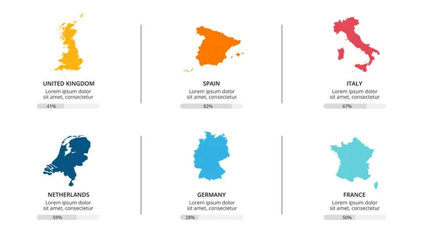 Land karta infographic. Global business marknadsföring presentation. Världen transport data. Ekonomisk statistik mall. 6 områden. 16 x 9 bild. Storbritannien, Spanien, Italien, Nederländerna, Tyskland — Stock vektor