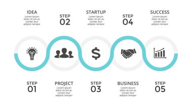 Daire okları Infographic vektör, döngüsü diyagramı, zaman çizelgesi grafik, sunu grafik. İş kavramı ile 5 seçenekleri, parçalar, adımları, işler. Slayt şablonu.