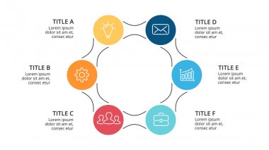 Daire okları Infographic vektör, döngüsü diyagramı, grafik, sunu grafik. İş kavramı ile 6 seçenekleri, parçalar, adımları, işler. Slayt şablonu.