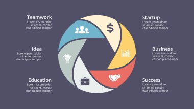 Daire okları Infographic vektör, döngüsü diyagramı, grafik, sunu grafik. İş kavramı ile 6 seçenekleri, parçalar, adımları, işler. Slayt şablonu.