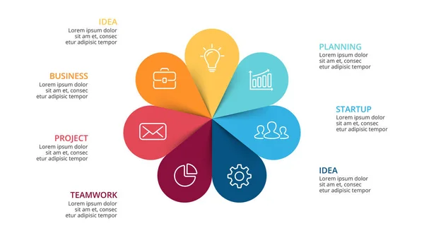 Flèches de cercle vectoriel infographie des fleurs, diagramme de cycle, graphique, graphique de présentation. Concept d'entreprise avec 7 options, pièces, étapes, processus. Modèle de diapositive . — Image vectorielle