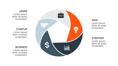 Daire okları Infographic vektör, döngüsü diyagramı, geometrik grafik, sunu grafik. İş kavramı ile 5 seçenekleri, parçalar, adımları, işler. 16 x 9 Slayt şablonu.