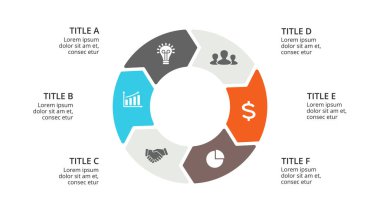 Daire okları Infographic vektör, döngüsü diyagramı, geometrik grafik, sunu grafik. İş kavramı ile 6 seçenekleri, parçalar, adımları, işler. 16 x 9 Slayt şablonu.