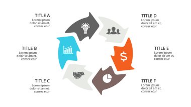 Daire okları Infographic vektör, döngüsü diyagramı, geometrik grafik, sunu grafik. İş kavramı ile 6 seçenekleri, parçalar, adımları, işler. 16 x 9 Slayt şablonu.