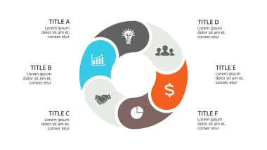 Daire okları Infographic vektör, döngüsü diyagramı, geometrik grafik, sunu grafik. İş kavramı ile 6 seçenekleri, parçalar, adımları, işler. 16 x 9 Slayt şablonu.