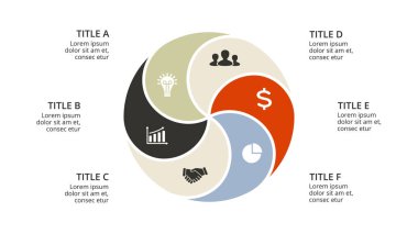 Daire okları Infographic vektör, döngüsü diyagramı, geometrik grafik, sunu grafik. İş kavramı ile 6 seçenekleri, parçalar, adımları, işler. 16 x 9 Slayt şablonu.