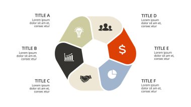 Daire okları Infographic vektör, döngüsü diyagramı, geometrik grafik, sunu grafik. İş kavramı ile 6 seçenekleri, parçalar, adımları, işler. 16 x 9 Slayt şablonu.