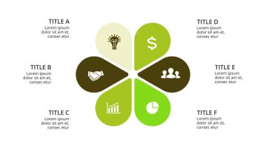 Daire okları Infographic vektör, döngüsü diyagramı, geometrik grafik, sunu grafik. İş kavramı ile 6 seçenekleri, parçalar, adımları, işler. 16 x 9 Slayt şablonu.