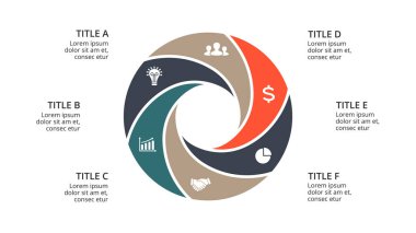 Daire okları Infographic vektör, döngüsü diyagramı, geometrik grafik, sunu grafik. İş kavramı ile 6 seçenekleri, parçalar, adımları, işler. 16 x 9 Slayt şablonu.