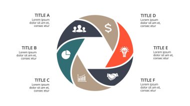 Daire okları Infographic vektör, döngüsü diyagramı, geometrik grafik, sunu grafik. İş kavramı ile 6 seçenekleri, parçalar, adımları, işler. 16 x 9 Slayt şablonu.