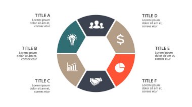 Daire okları Infographic vektör, döngüsü diyagramı, geometrik grafik, sunu grafik. İş kavramı ile 6 seçenekleri, parçalar, adımları, işler. 16 x 9 Slayt şablonu.